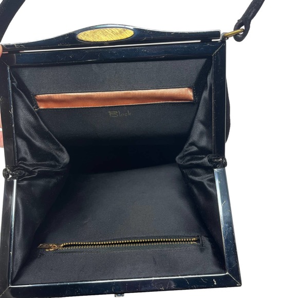 Vintage Block Black Suede Top Handle Shoulder Bag Square Opening Metal Clasp - Picture 4 of 8